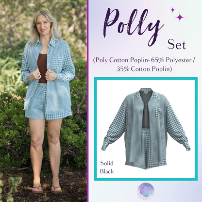 LuLaRoe Polly Set in Sage Gingham featuring a soft sage green and white gingham plaid print with an oversized button-front shirt and matching pull-on shorts.