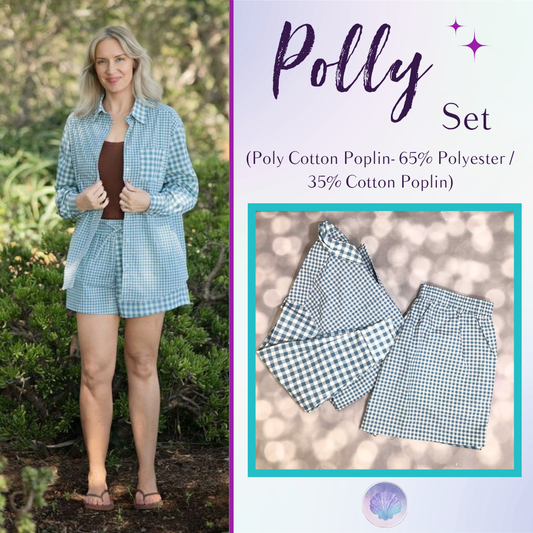A split promotional graphic for a 'Polly Set' featuring a woman modeling a light blue and white gingham shirt and shorts set outdoors on the left, and the matching shorts laid flat on the right. Text on the right lists the fabric composition as 'Poly Cotton Poplin- 65% Polyester / 35% Cotton Poplin'.