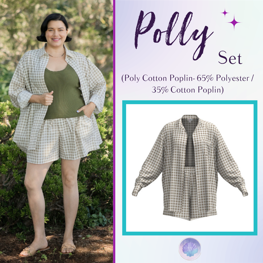LuLaRoe Polly Set in Sandstone Gingham featuring a warm beige and ivory check, an oversized button-front shirt, and matching pull-on shorts.