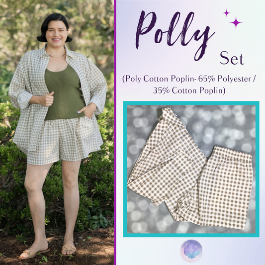 A woman wearing a two-piece gingham set outdoors, with a text panel on the right describing the 'Polly Set' as a poly cotton poplin and polyester blend, plus a folded view of the matching shorts and top.