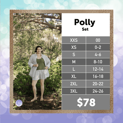 LuLaRoe Polly Set size chart for women’s sizes XXS through 3XL, excluding 1XL.