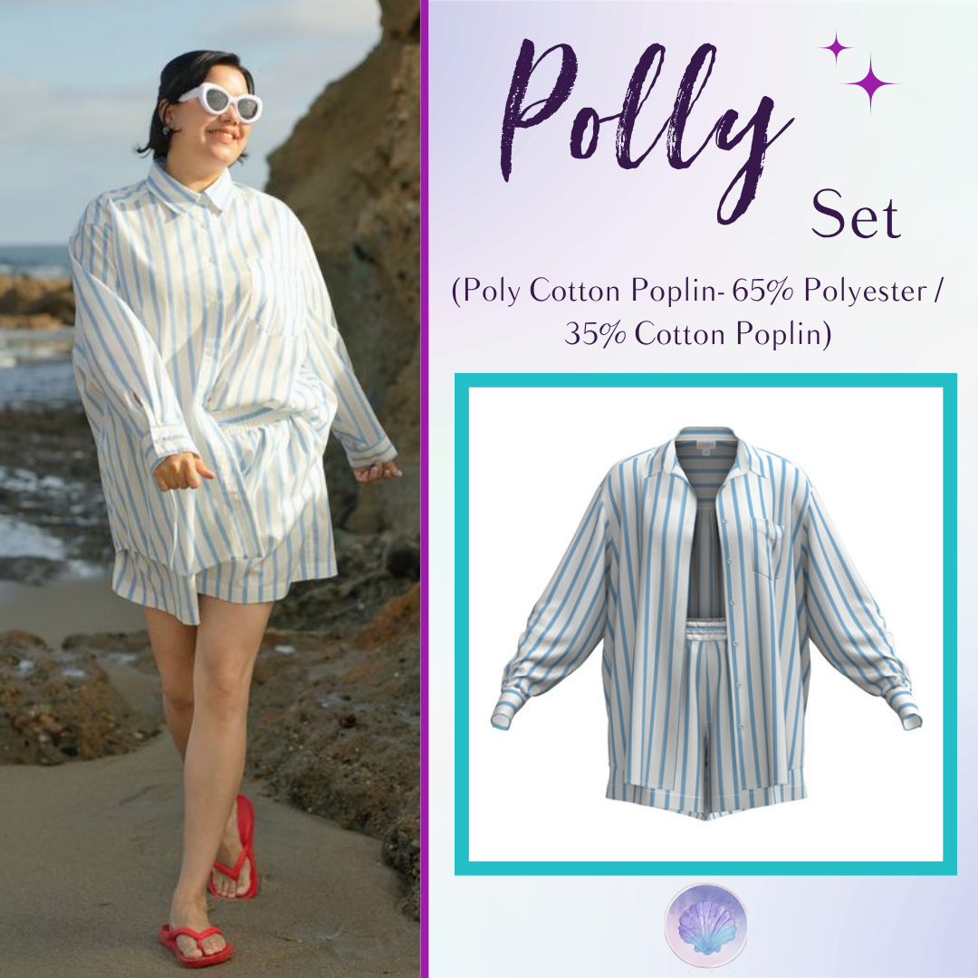 LuLaRoe Polly Set in Sky Cabana Stripe featuring crisp white fabric with soft sky blue vertical stripes, an oversized button-front shirt, and matching pull-on shorts.