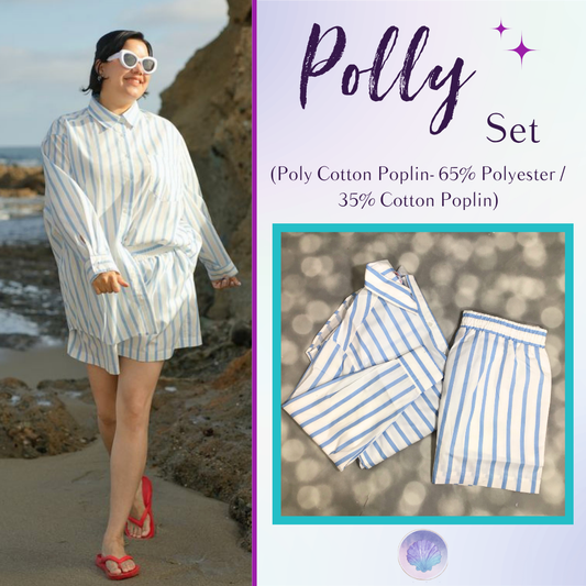 A split promotional graphic for a 'Polly Set' featuring a woman wearing a blue and white striped oversized shirt and shorts set on a beach, alongside a product inset showing the matching set laid flat with fabric details and text describing the materials.