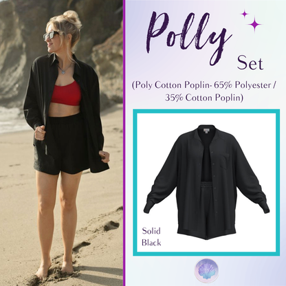 LuLaRoe Polly Set in Solid Black featuring a lightweight black oversized button-front shirt and coordinating pull-on shorts.