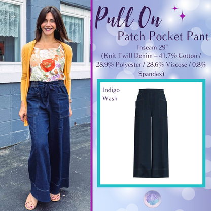 LuLaRoe Pull-On Patch Pocket Pant in Indigo Wash, a dark blue wide-leg stretch denim pant with a drawstring waist and patch pockets.