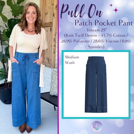 LuLaRoe Pull-On Patch Pocket Pant in Medium Wash, a medium blue wide-leg stretch denim pant with a drawstring waist and patch pockets.