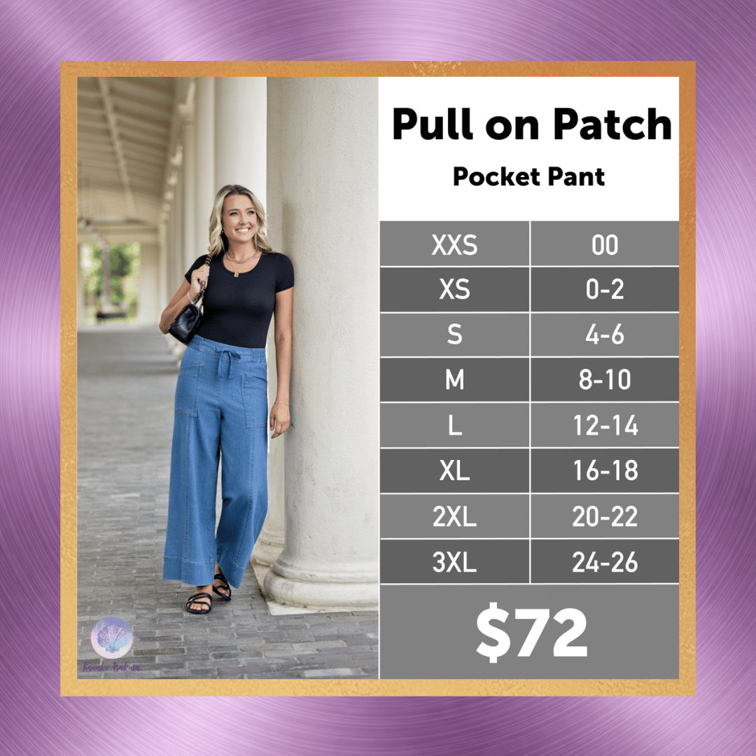 LuLaRoe Pull-On Patch Pocket Pant size chart for women’s sizes XXS through 3XL, excluding 1X.