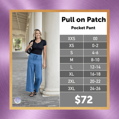 LuLaRoe Pull-On Patch Pocket Pant size chart for women’s sizes XXS through 3XL, excluding 1X.