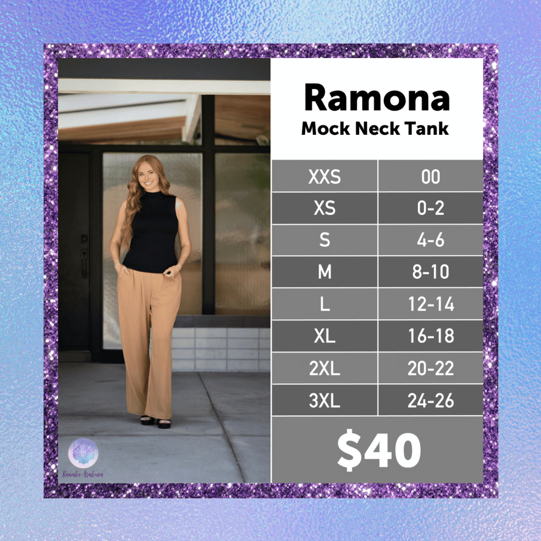 LuLaRoe Ramona Mock Neck Tank size chart XXS–3XL