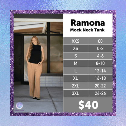 LuLaRoe Ramona Mock Neck Tank size chart XXS–3XL