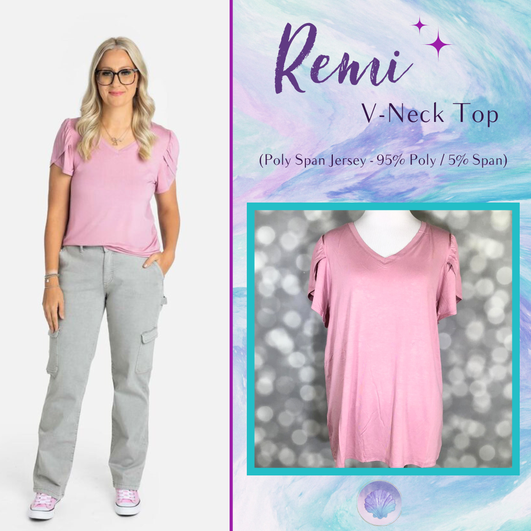 Woman wearing a pink 'Remi' V-neck top with a close-up of the top on a mannequin.
