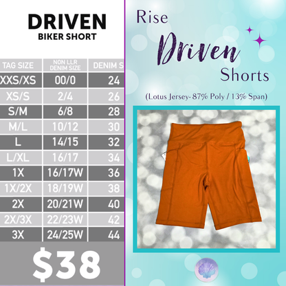 LuLaRoe Driven Shorts in solid caramel toffee brown, displayed flat on a soft gray bokeh background. The shorts feature a high-rise waistband, side pockets, and mid-thigh length in smooth Lotus Jersey fabric.