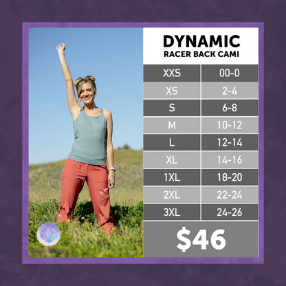 Woman standing in a grassy field wearing the LuLaRoe Dynamic Racer Back Cami in sage green and rust wide-leg pants, with a confident arm raised and a joyful expression, next to a size chart for the Dynamic Cami style.