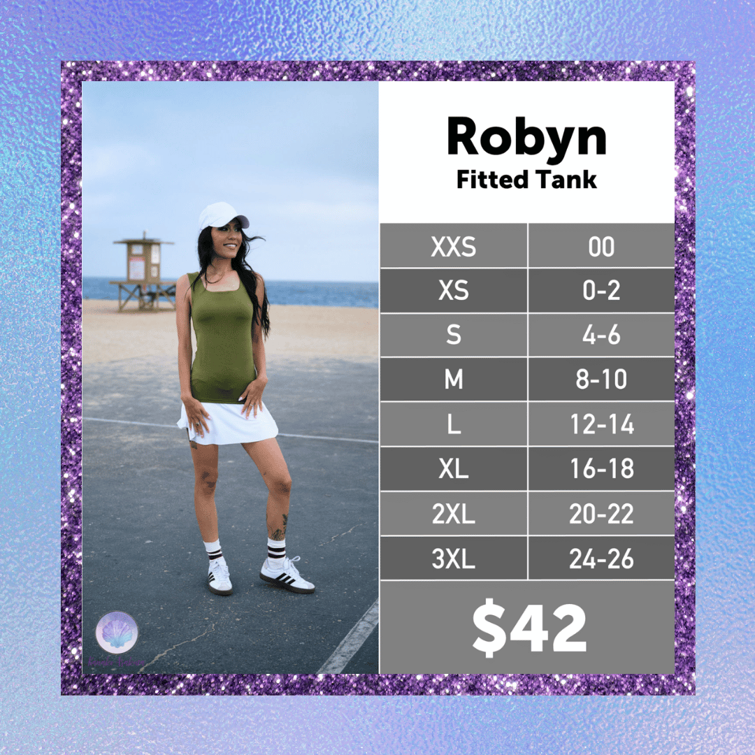 LuLaRoe Robyn Fitted Tank size chart for sizes XXS through 3XL
