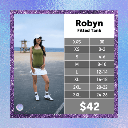 LuLaRoe Robyn Fitted Tank size chart for sizes XXS through 3XL