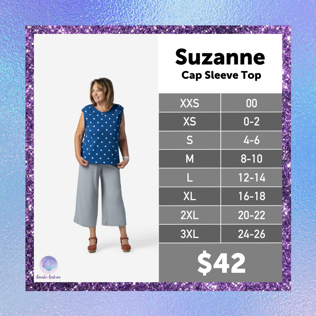 LuLaRoe Suzanne Cap Sleeve Top size chart with measurements for XXS through 3XL.