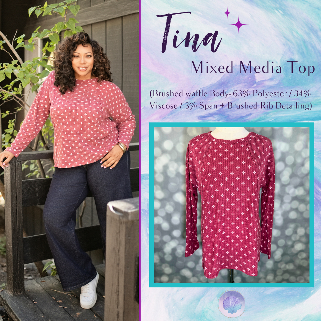 LuLaRoe LuLaRoe Tina Mixed Media Long Sleeve Top – Dusty Red White Ditsy Cross 