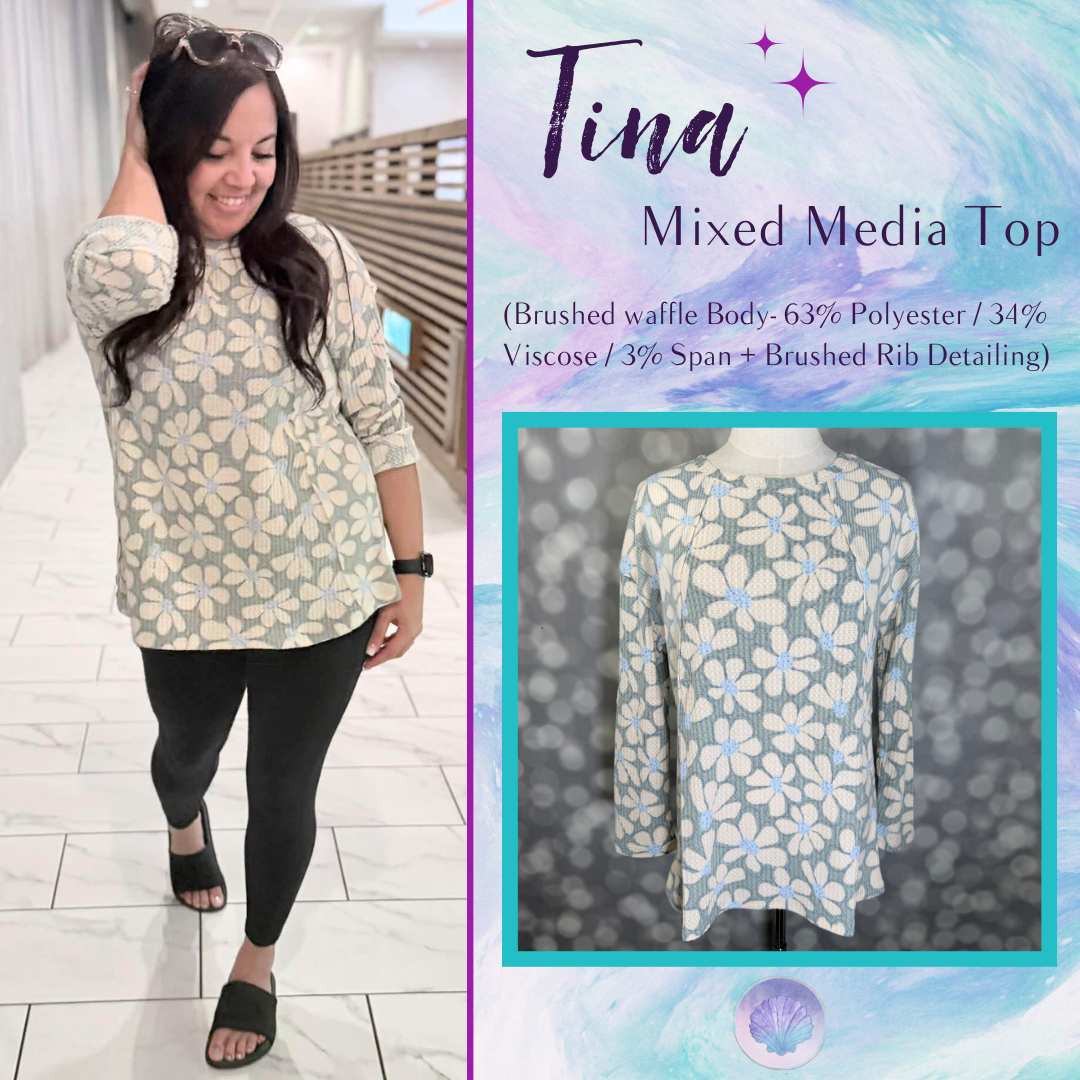 LuLaRoe LuLaRoe Tina Mixed Media Long Sleeve Top – Dusty Sage & Ivory Retro Daisy Floral 
