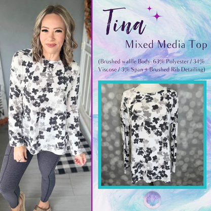 LuLaRoe LuLaRoe Tina Mixed Media Long Sleeve Top – Ivory Black & Gray Floral 