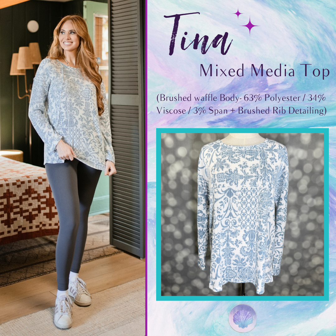 LuLaRoe LuLaRoe Tina Mixed Media Long Sleeve Top – Ivory Dusty Blue Paisley 