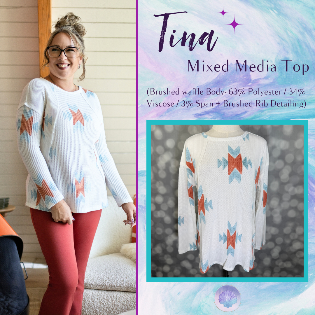 LuLaRoe LuLaRoe Tina Mixed Media Long Sleeve Top – Ivory Rust & Blue Southwestern Geometric 