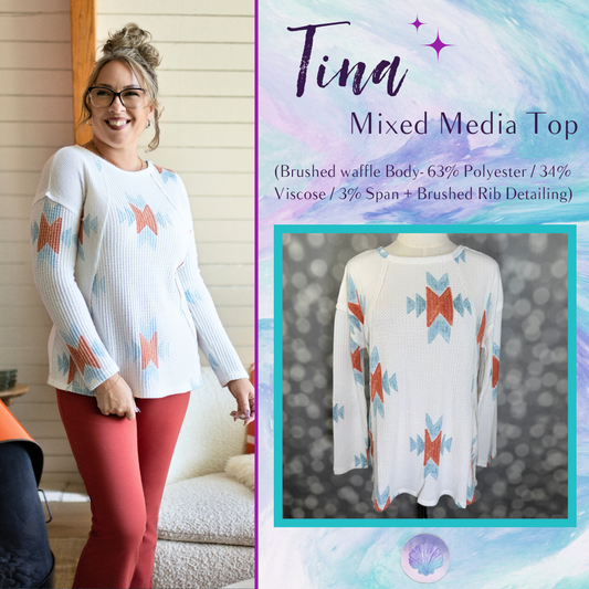 LuLaRoe LuLaRoe Tina Mixed Media Long Sleeve Top – Ivory Rust & Blue Southwestern Geometric 