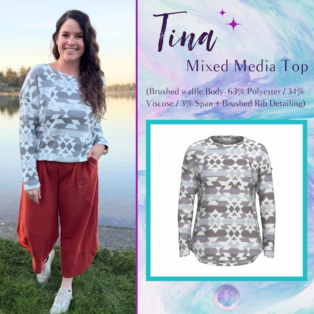 LuLaRoe Tina Mixed Media Long Sleeve Top Ivory Taupe Gray Abstract Geometric – primary product image