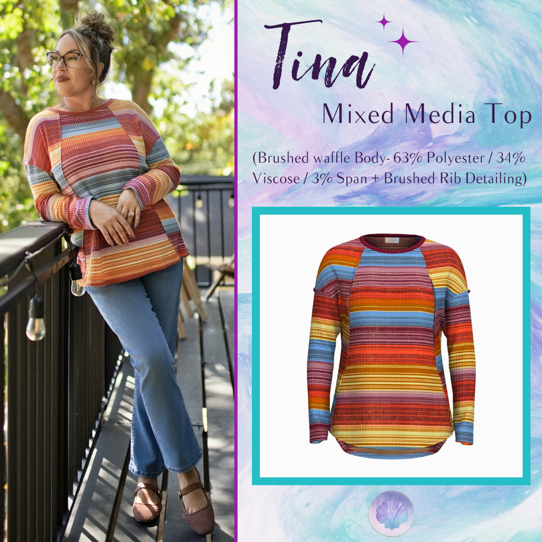 LuLaRoe Tina Mixed Media Long Sleeve Top Rust Mustard Teal & Rose Multicolor Stripes – primary product image