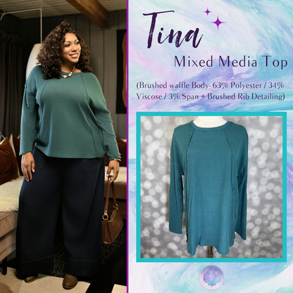 LuLaRoe LuLaRoe Tina Mixed Media Long Sleeve Top – Solid Deep Teal Green 