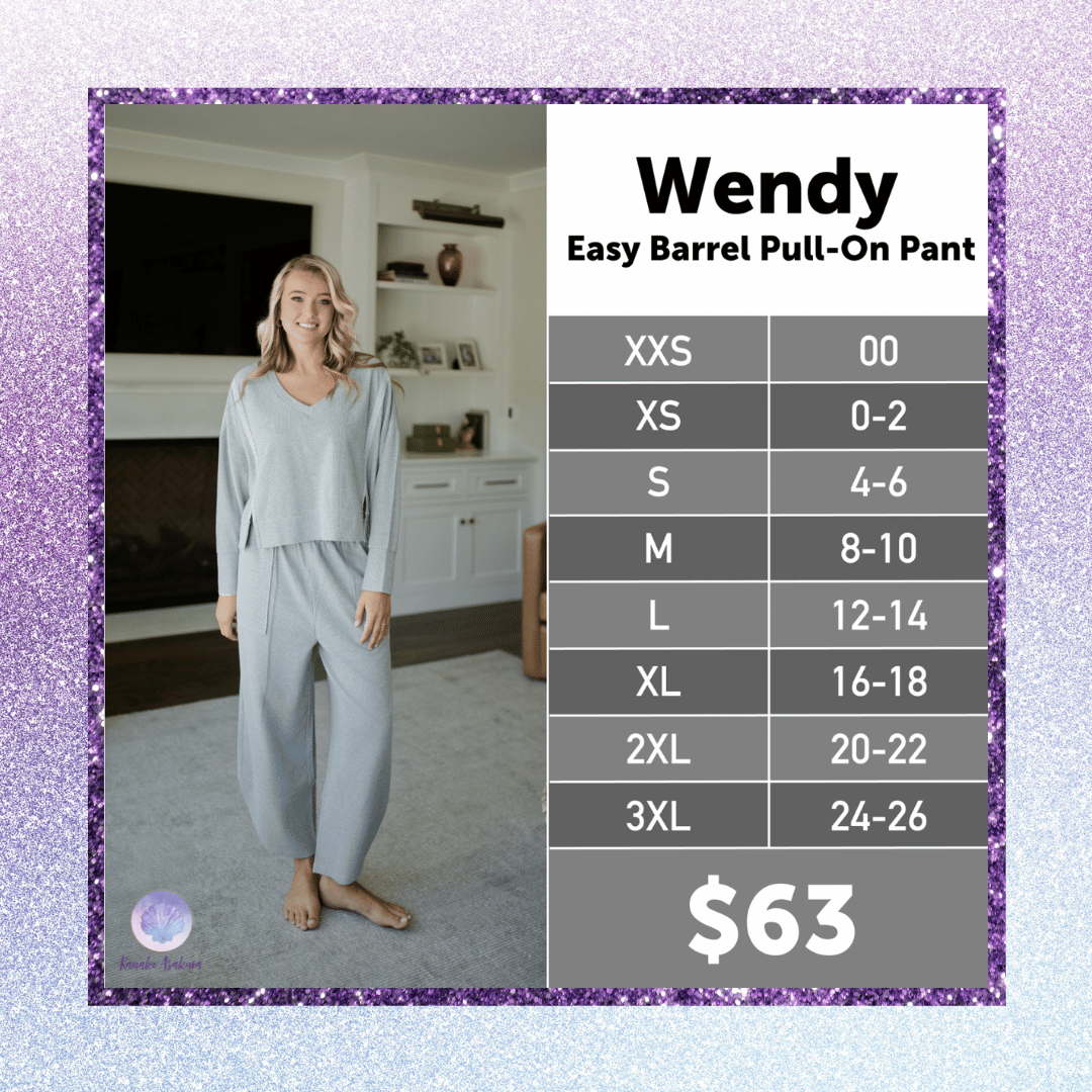 Wendy Easy Barrel Pull-On Pant size chart for women's sizes XXS through 3XL