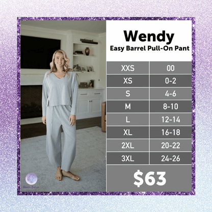 Wendy Easy Barrel Pull-On Pant size chart for women's sizes XXS through 3XL