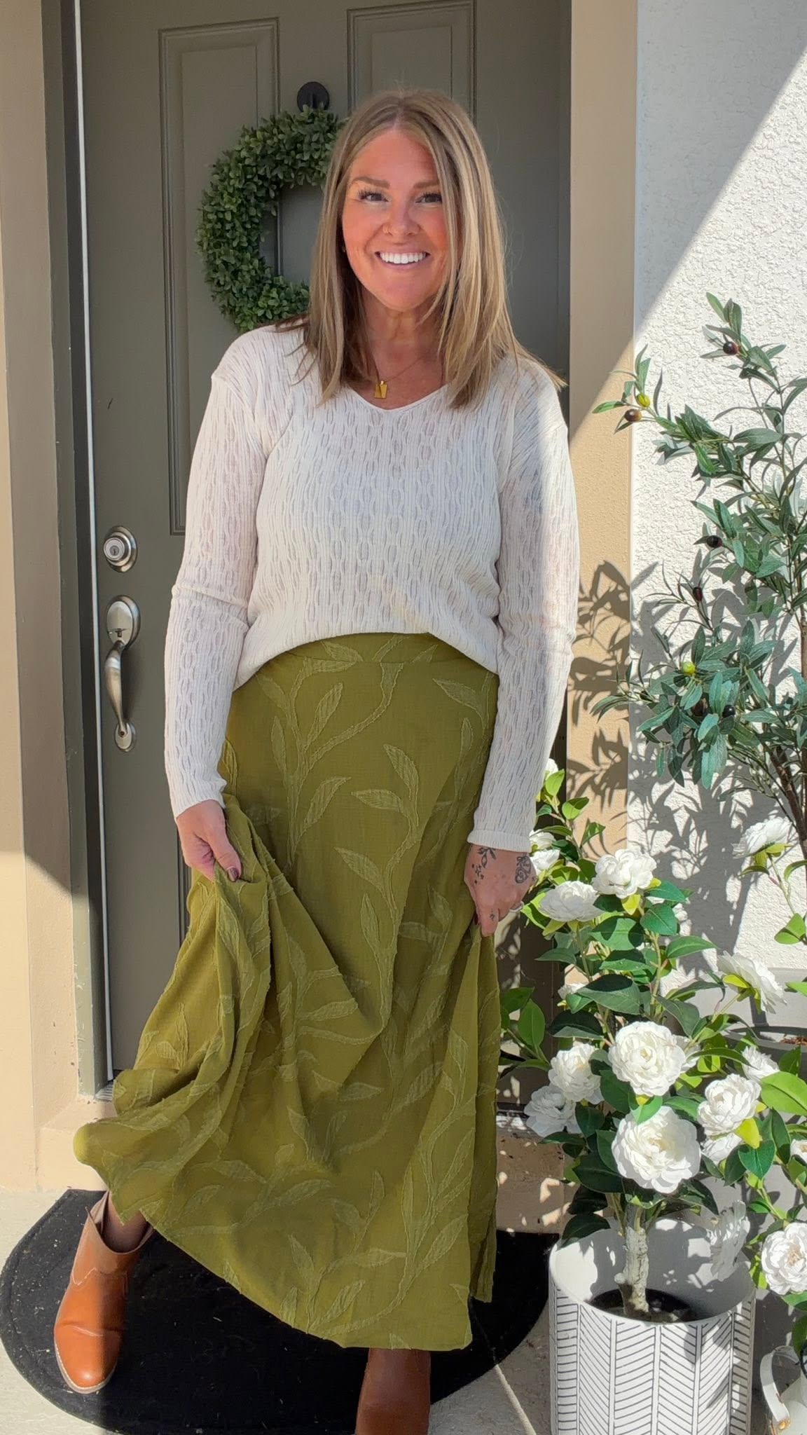 LuLaRoe Aurelia Maxi Skirt - Solid Olive Green Tonal Leaf Vine - additional view 1
