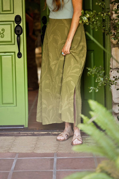 LuLaRoe Aurelia Maxi Skirt - Solid Olive Green Tonal Leaf Vine - additional view 5