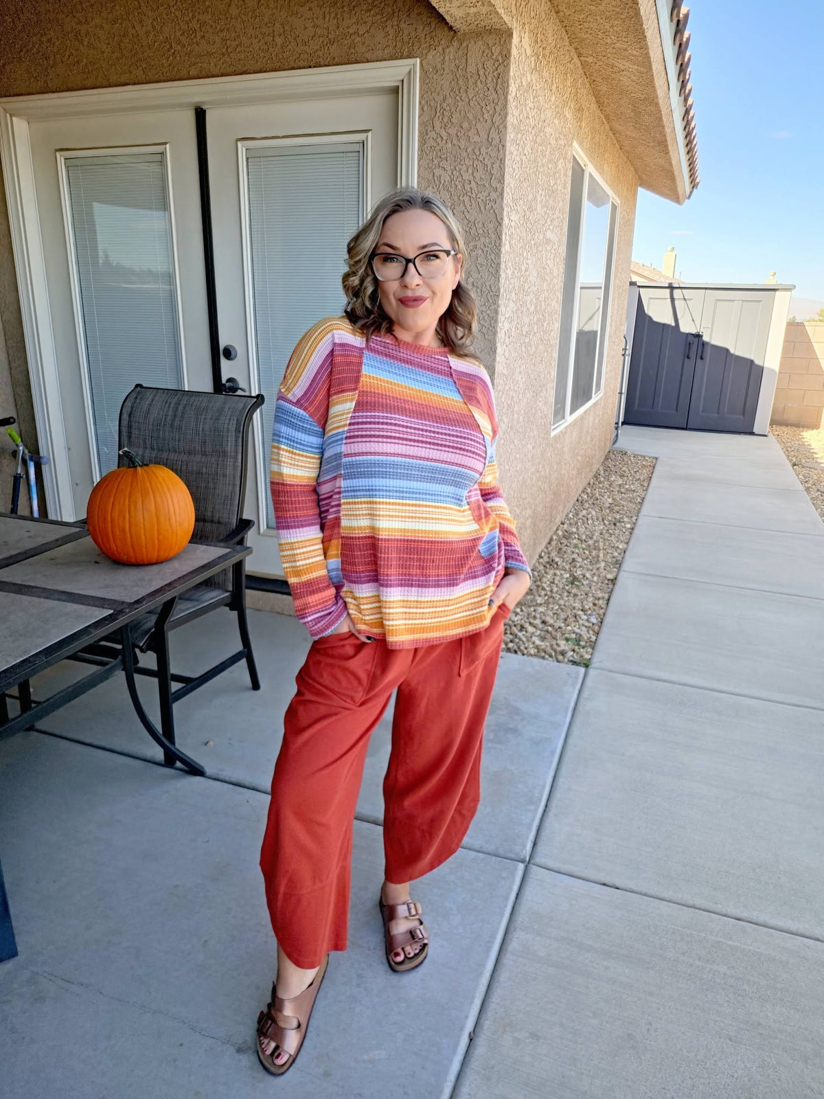LuLaRoe Tina Mixed Media Long Sleeve Top Rust Mustard Teal & Rose Multicolor Stripes – additional product view
