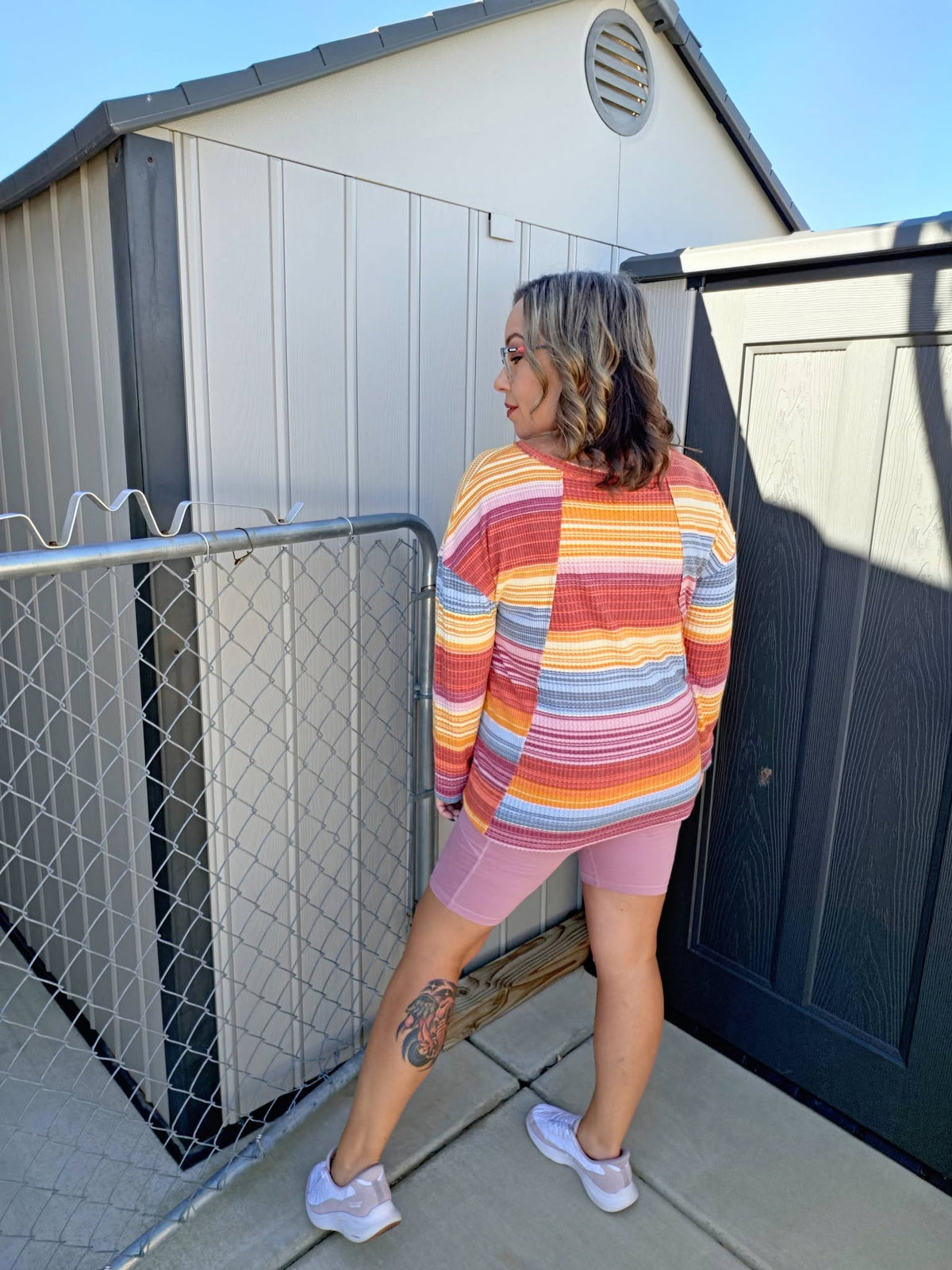 LuLaRoe Tina Mixed Media Long Sleeve Top Rust Mustard Teal & Rose Multicolor Stripes – additional product view