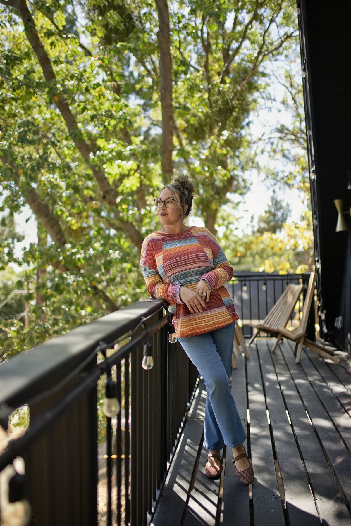 LuLaRoe Tina Mixed Media Long Sleeve Top Rust Mustard Teal & Rose Multicolor Stripes – additional product view