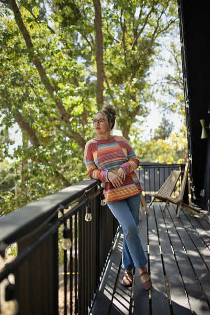 LuLaRoe Tina Mixed Media Long Sleeve Top Rust Mustard Teal & Rose Multicolor Stripes – additional product view