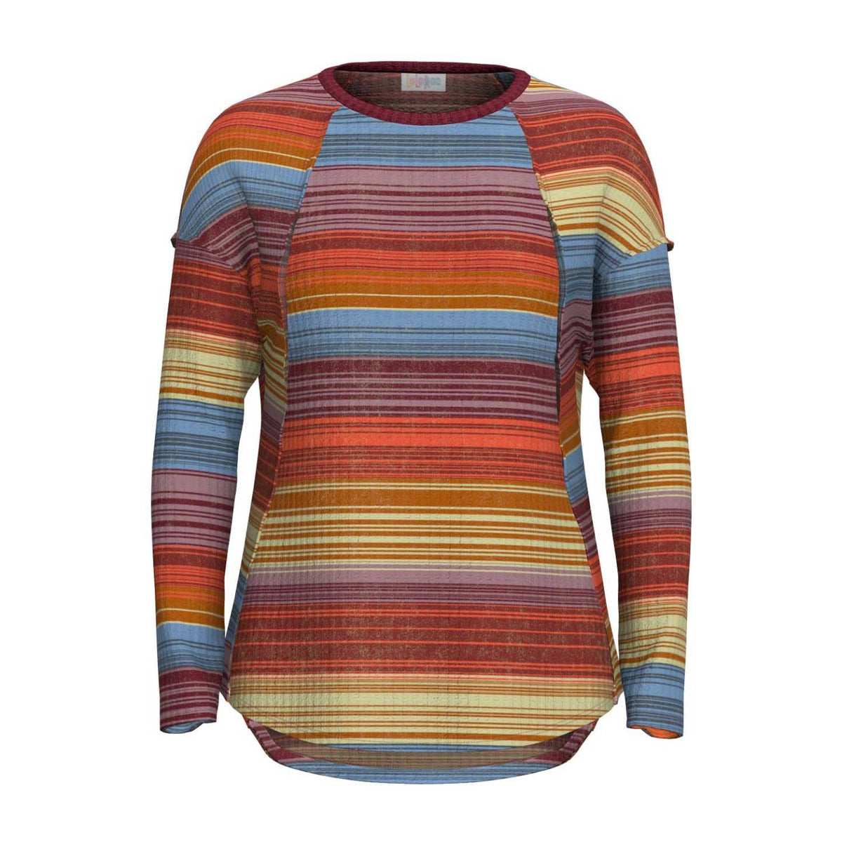 LuLaRoe Tina Mixed Media Long Sleeve Top Rust Mustard Teal & Rose Multicolor Stripes – color and print detail
