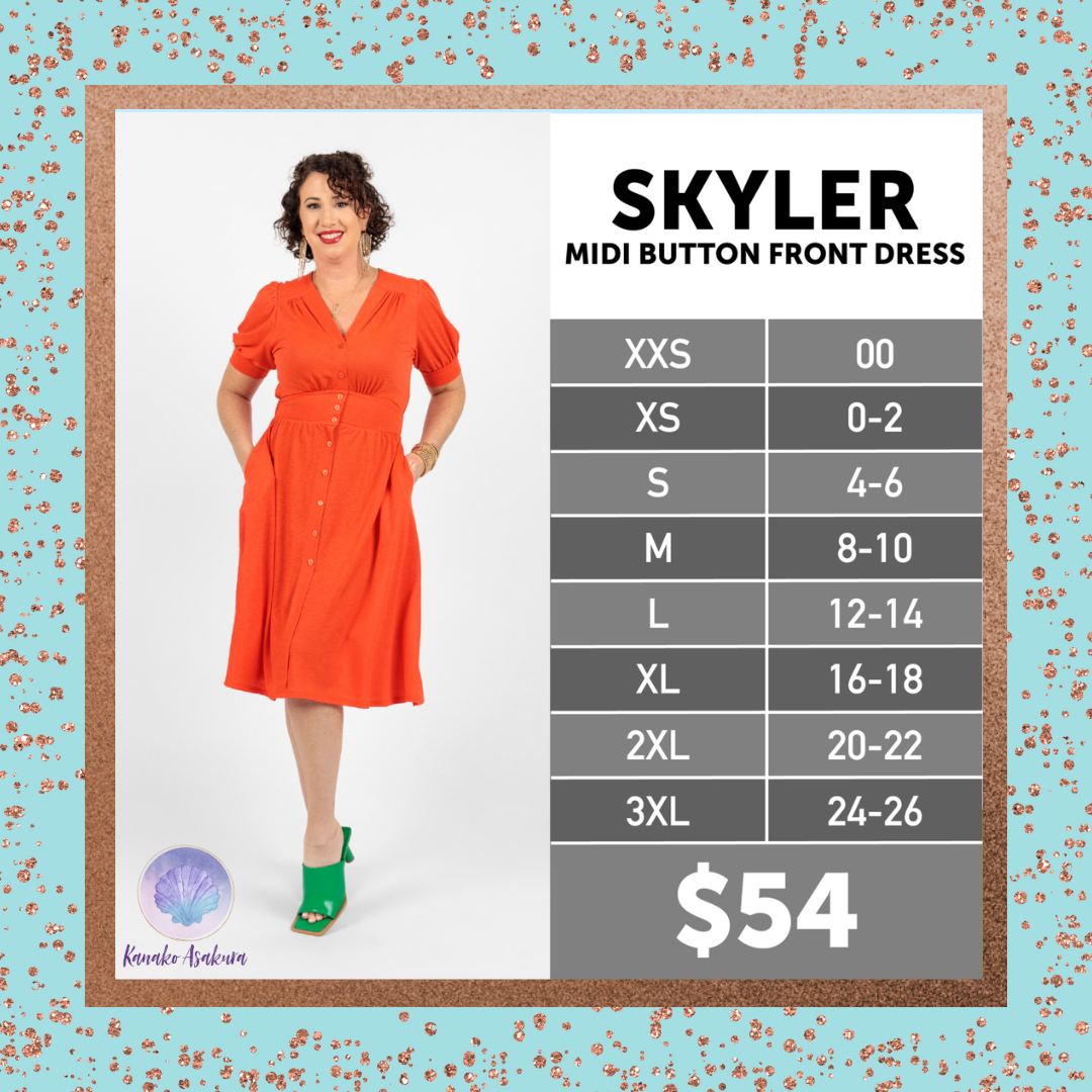 LuLaRoe Skyler Midi Button Front Dress size chart for sizes XXS through 3XL.