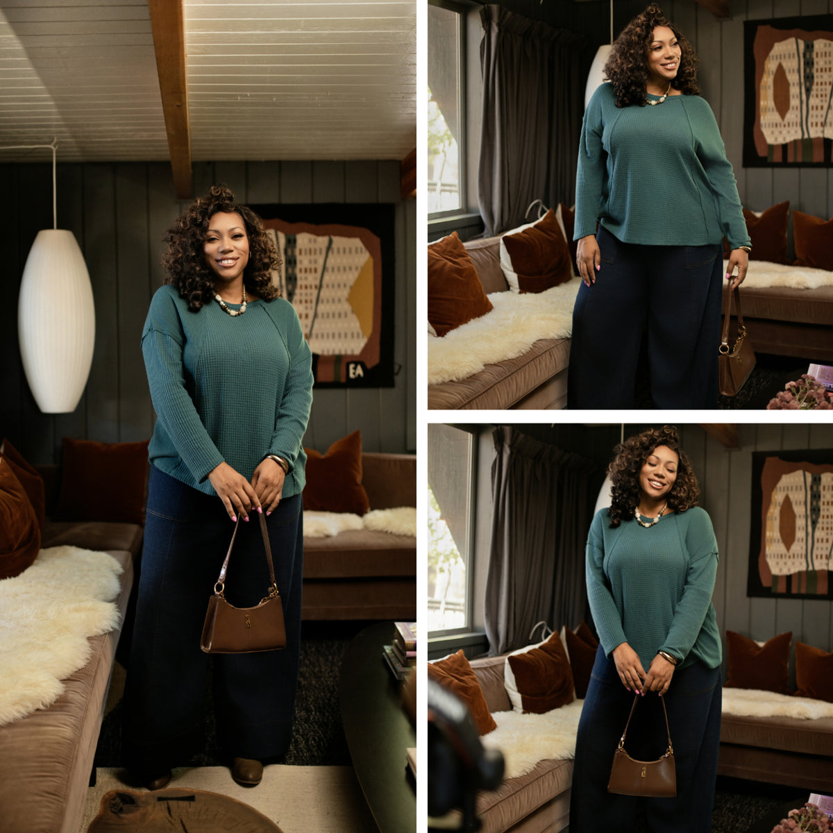LuLaRoe Tina Mixed Media Long Sleeve Top Solid Deep Teal Green – additional product view