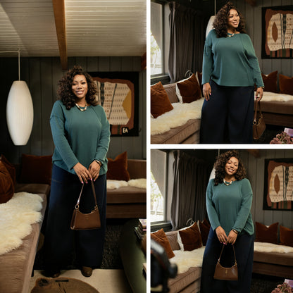 LuLaRoe Tina Mixed Media Long Sleeve Top Solid Deep Teal Green – additional product view