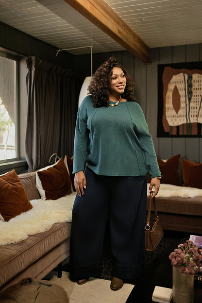 LuLaRoe Tina Mixed Media Long Sleeve Top Solid Deep Teal Green – additional product view