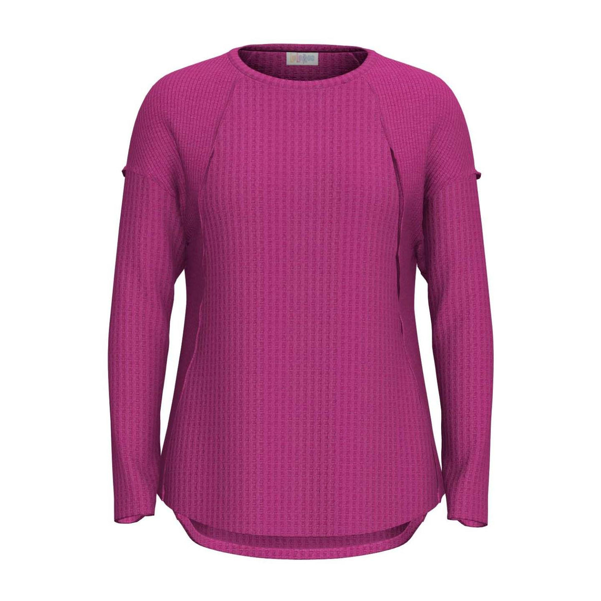 LuLaRoe Tina Mixed Media Long Sleeve Top Solid Vibrant Orchid Pink – color and print detail