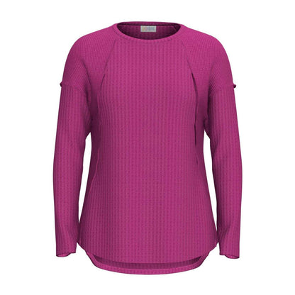 LuLaRoe Tina Mixed Media Long Sleeve Top Solid Vibrant Orchid Pink – color and print detail