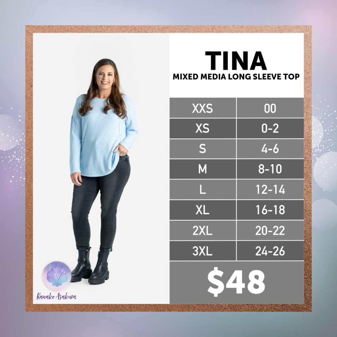 LuLaRoe Tina Mixed Media Long Sleeve Top size chart XXS to 3XL