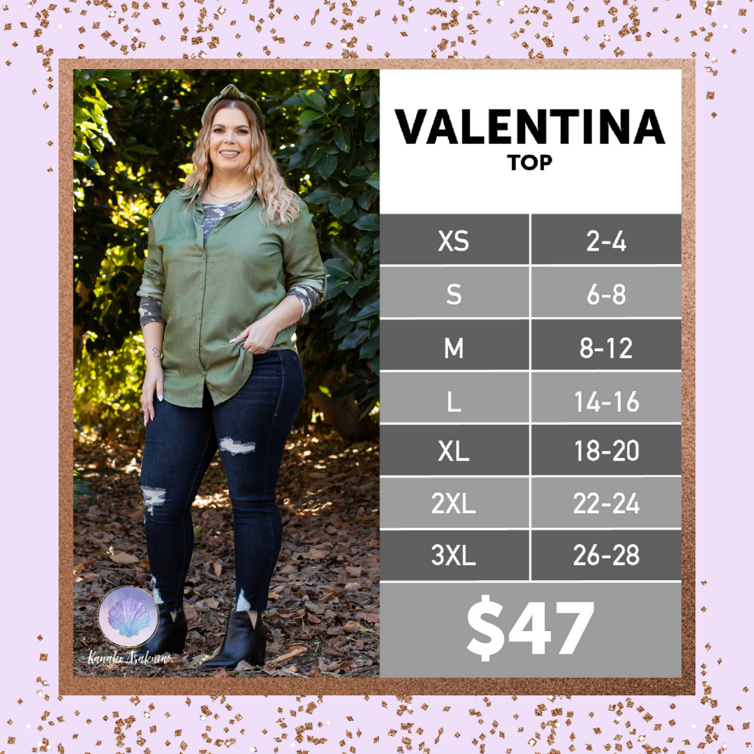 LuLaRoe Valentina Adjustable Sleeve Button-Up size chart for women's sizes XS-3XL