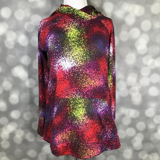 LuLaRoe Amber Hoodie in Neon Nightfall with abstract splatter pattern in red, purple, yellow, and green on a black background on a mannequin against a blurred background