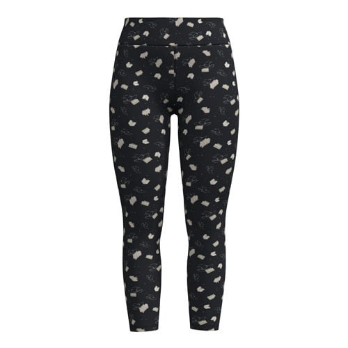 Black leggings with a white witches hat and book pattern, shown against a plain white background.