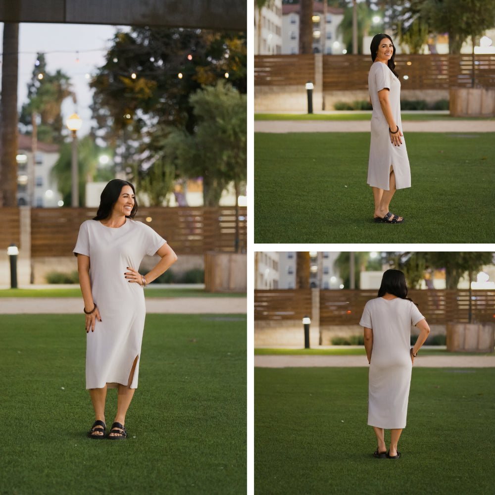 LuLaRoe Leticia Solid Mineral Washed Warm Stone Beige 100% cotton mineral washed midi T-shirt dress - product image 4