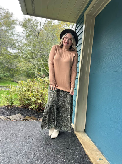 LuLaRoe Sharon Long Sleeve Top - Solid Warm Tan - styled outfit photo